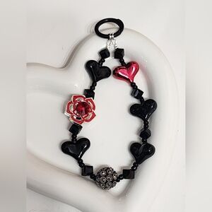 Beaded Keychain Phone Chain Black Hearts Red Flower Accent Rhinestone Valentine‎